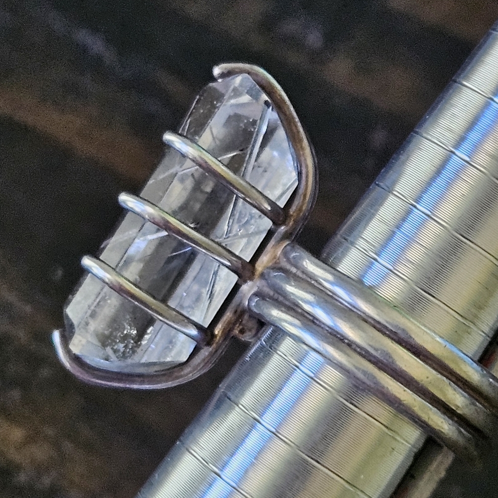 Vintage Huge Rutilated White Quartz Sterling Silver Ring - Picture 2 of 14